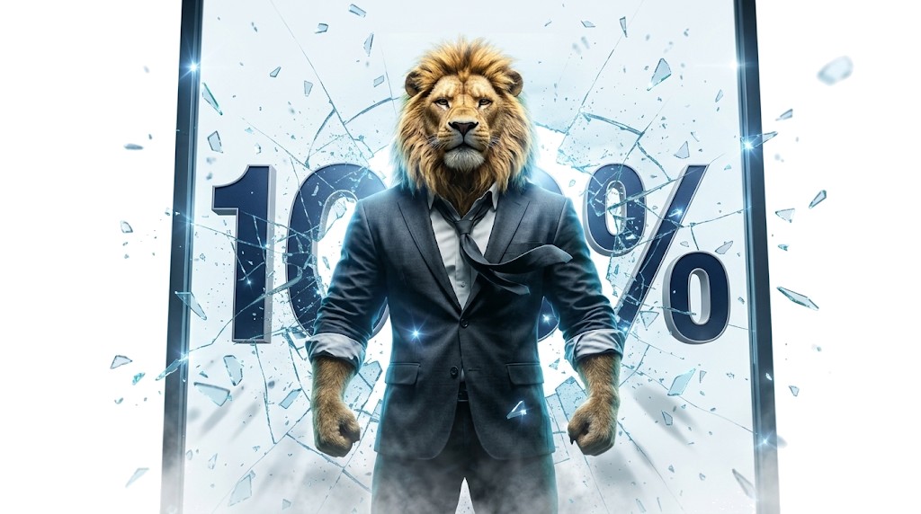 A lion in a business suit breaking through a glass wall marked 100 percent