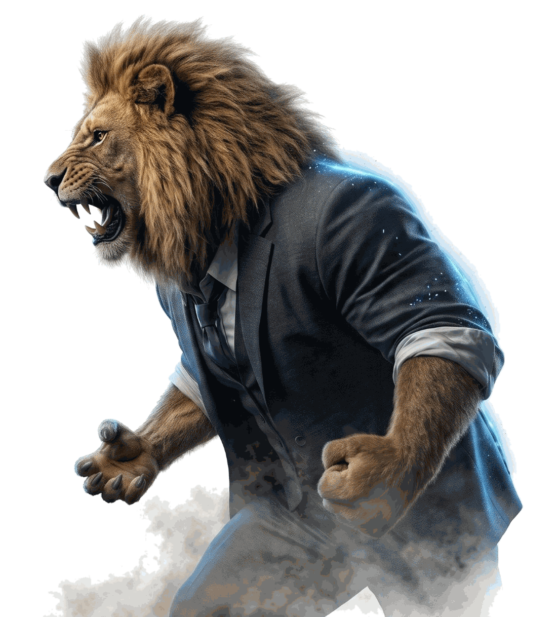 A lion in a business suit breaking through a glass wall marked 100 percent
